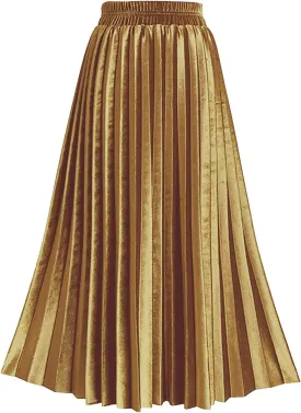 TONCHENGSD Women's High Elastic Waist Velvet Midi Long Pleated Swing Ruffled Skirt