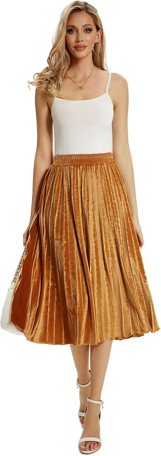 TONCHENGSD Women's High Elastic Waist Velvet Midi Long Pleated Swing Ruffled Skirt