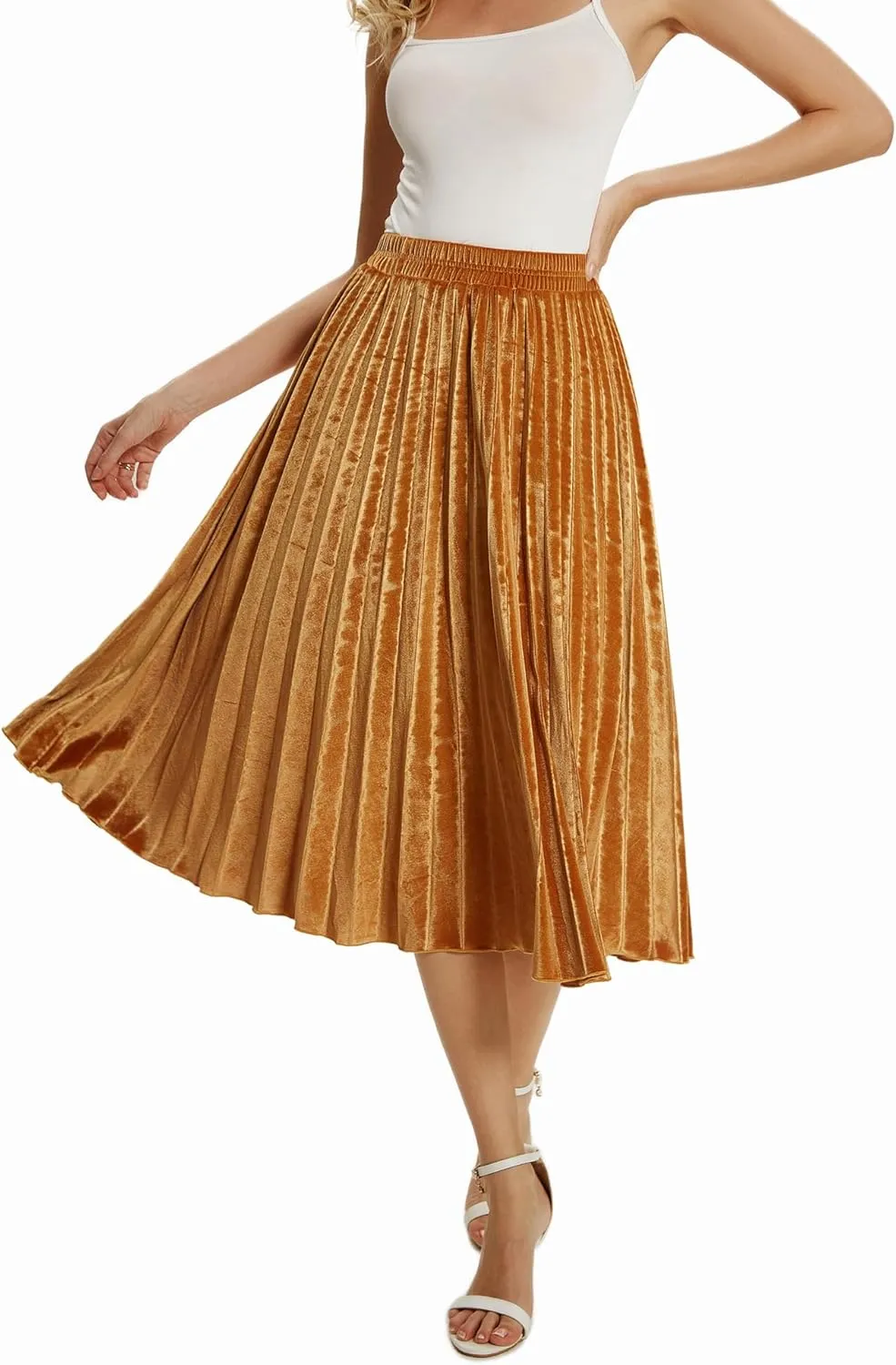 TONCHENGSD Women's High Elastic Waist Velvet Midi Long Pleated Swing Ruffled Skirt
