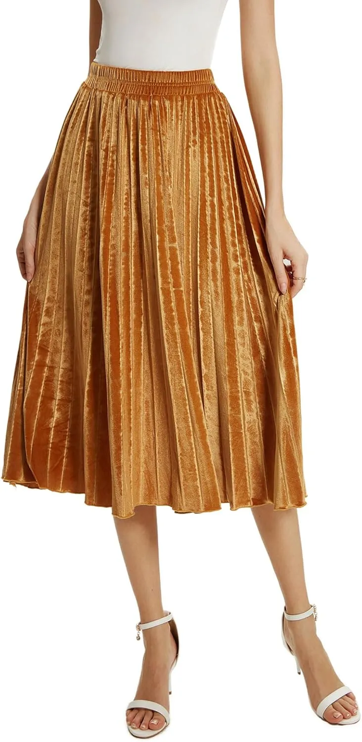 TONCHENGSD Women's High Elastic Waist Velvet Midi Long Pleated Swing Ruffled Skirt
