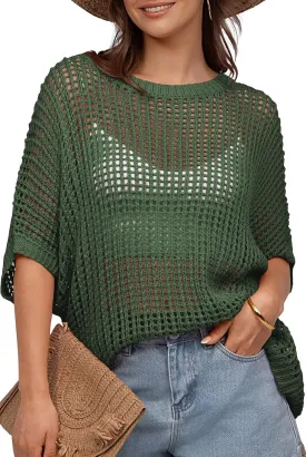 UEU Womens Summer Tops Crochet Short Sleeve Mesh Knit Sweater Shirts Beach Swimsuit Swim Cover Ups 2025 Trendy Outfits