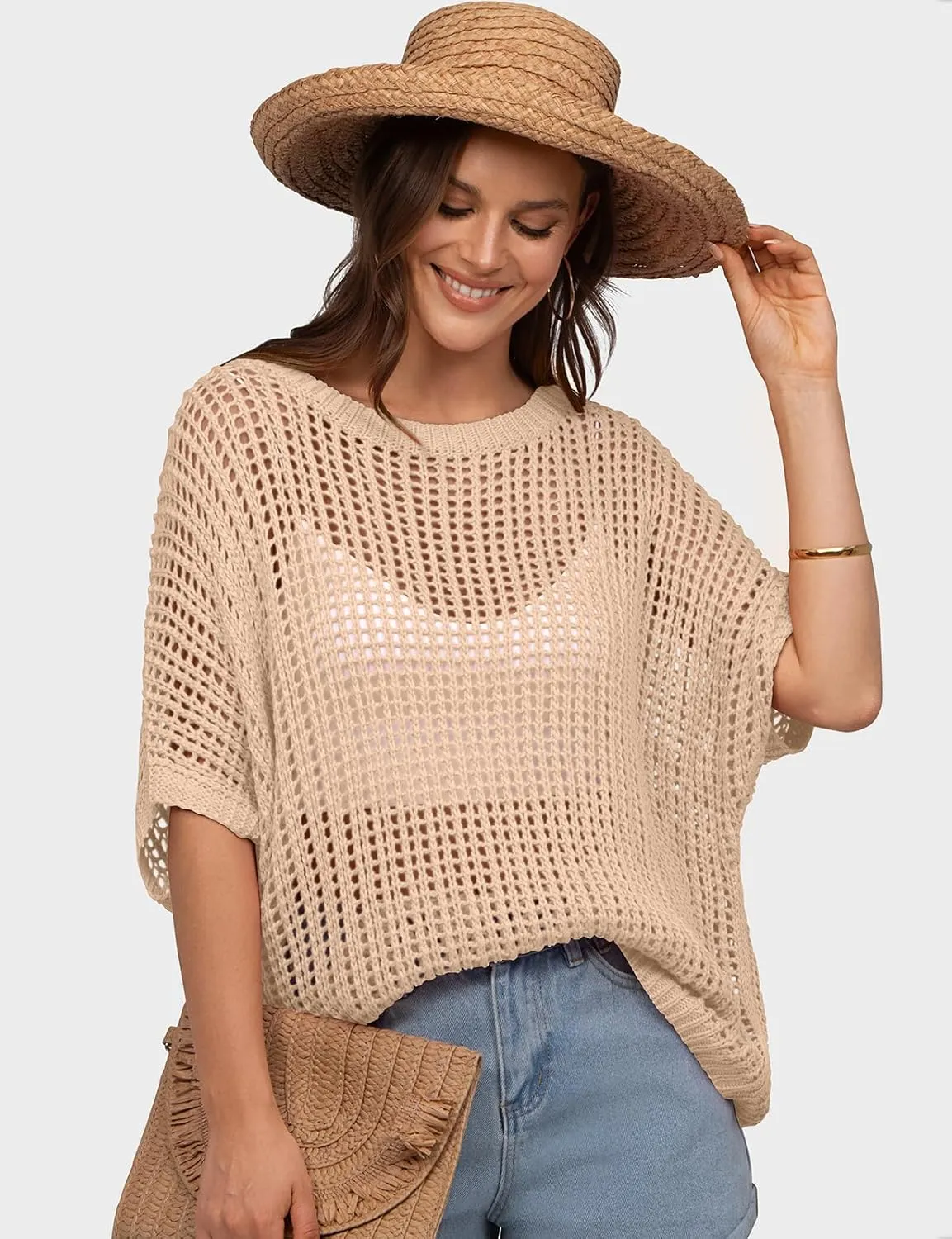 UEU Womens Summer Tops Crochet Short Sleeve Mesh Knit Sweater Shirts Beach Swimsuit Swim Cover Ups 2025 Trendy Outfits
