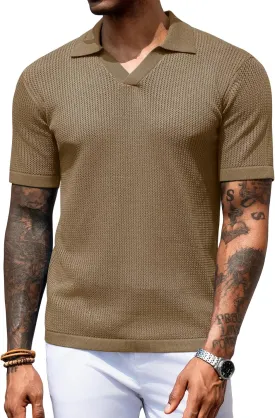 URRU Mens Muscle Polo Shirt Casual Short Sleeve Hollow Out Knit Shirts V Neck Mesh Beach Polo Shirt