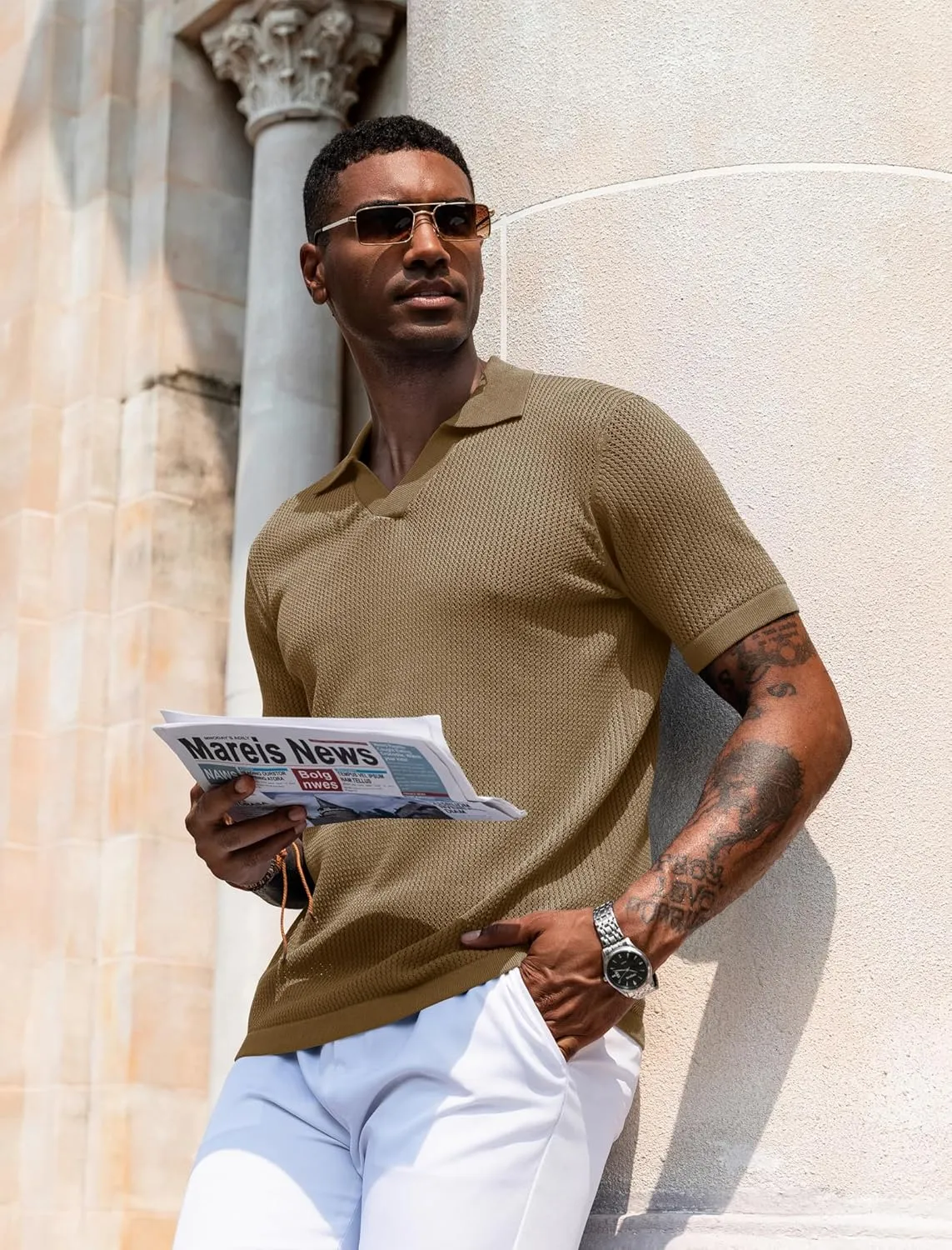 URRU Mens Muscle Polo Shirt Casual Short Sleeve Hollow Out Knit Shirts V Neck Mesh Beach Polo Shirt