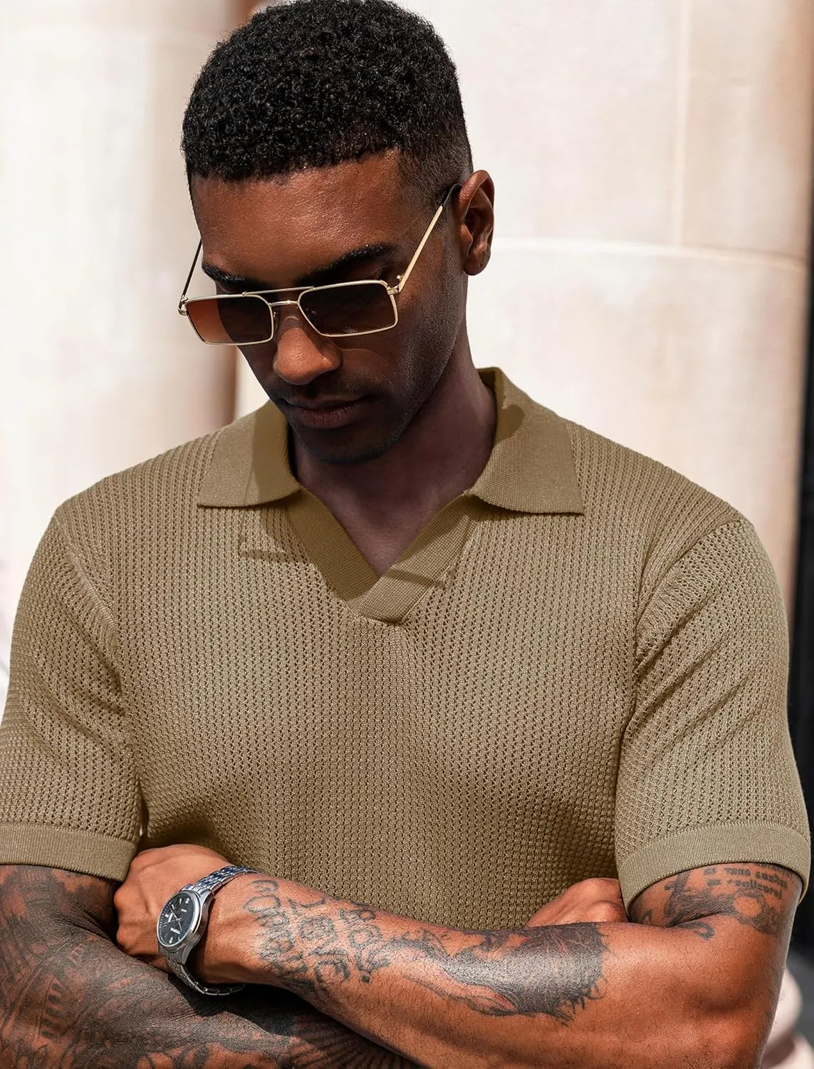 URRU Mens Muscle Polo Shirt Casual Short Sleeve Hollow Out Knit Shirts V Neck Mesh Beach Polo Shirt