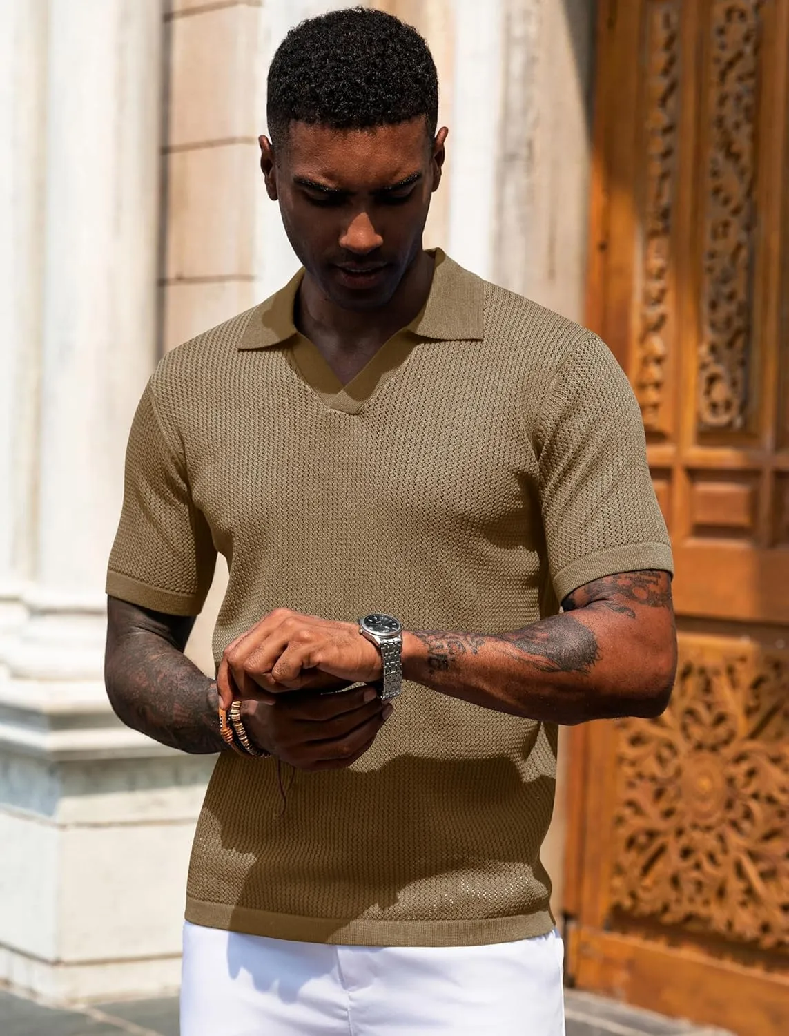 URRU Mens Muscle Polo Shirt Casual Short Sleeve Hollow Out Knit Shirts V Neck Mesh Beach Polo Shirt
