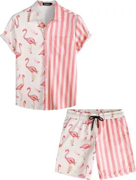 VATPAVE Mens Flamingo Hawaiian Sets Casual Short Sleeve Button Down Shirts Beach Outfits