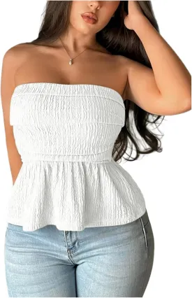 WDIRARA Women's Bandeau Smocked Sleeveless Ruched Blouses Ruffled Hem Pleated Crop Tube Tops