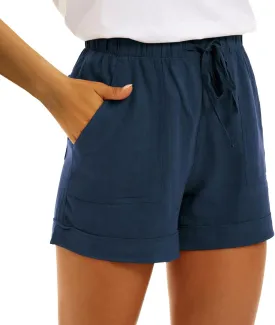 Women Casual Cotton Linen Shorts Drawstring Comfy Elastic Waist Shorts Summer Pull On Short with Pockets(S-3XL)