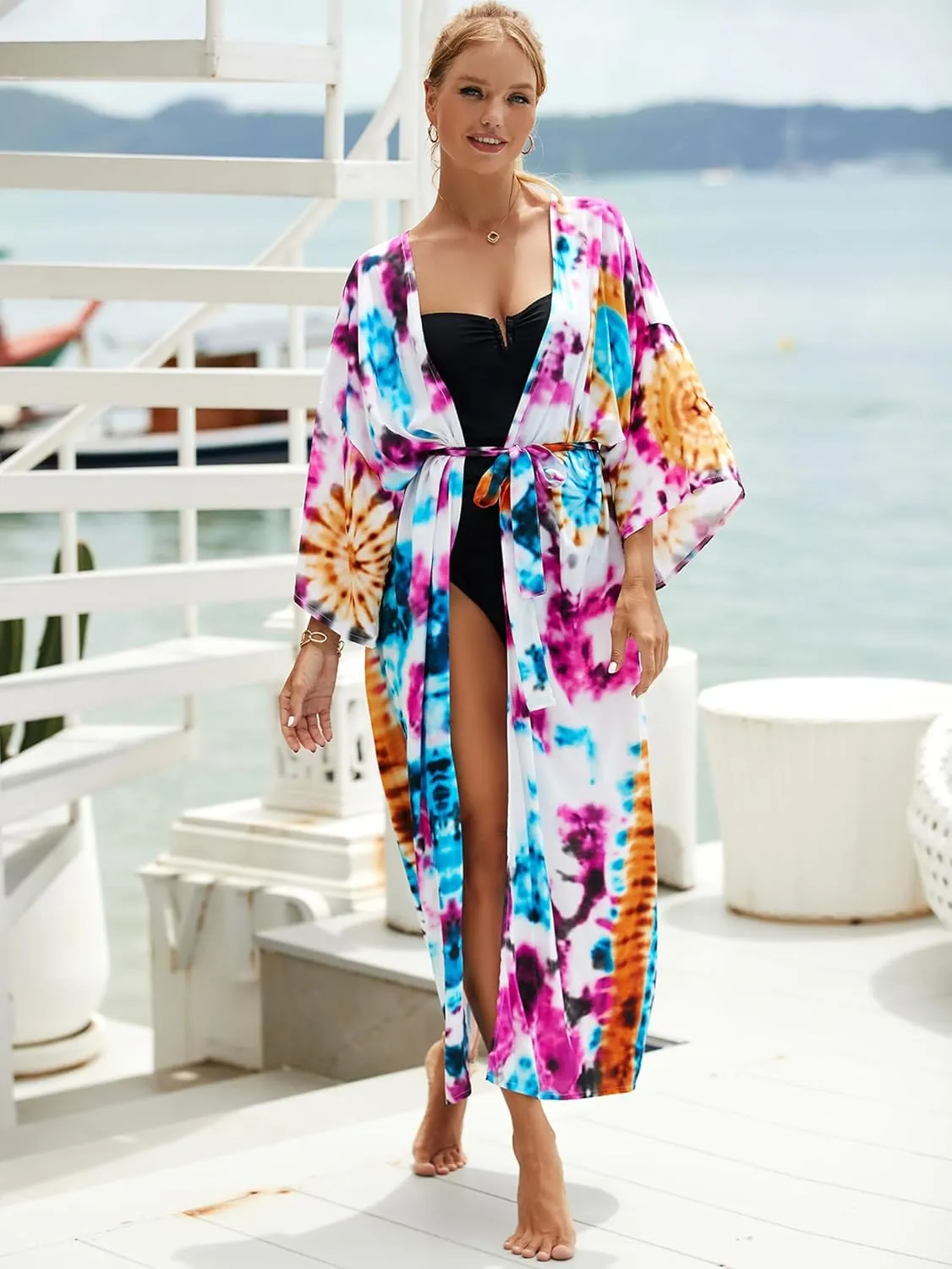 Women Casual Open Front Lightweight Cardigan Long Beach Kimono Cover Up