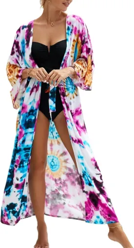 Women Casual Open Front Lightweight Cardigan Long Beach Kimono Cover Up