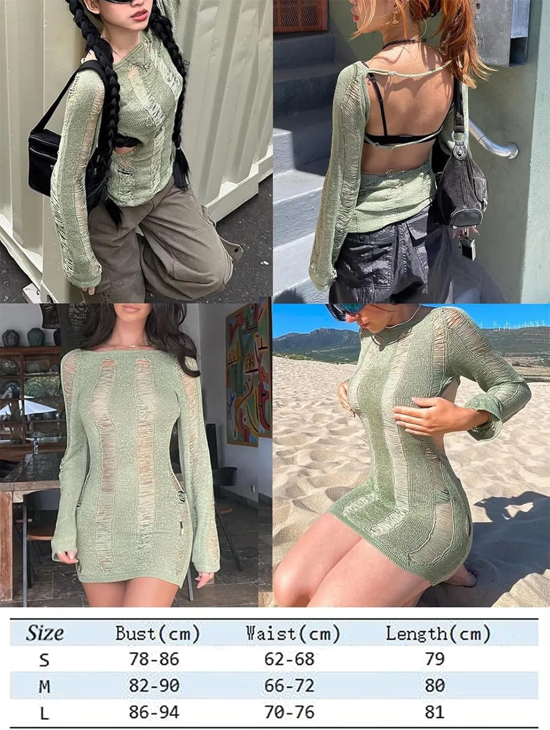 Women Crochet Knitted Dress Ripped Hollow Out Backless Long Sleeve Mini Sweater Dress Cutout Summer Beach Streetwear