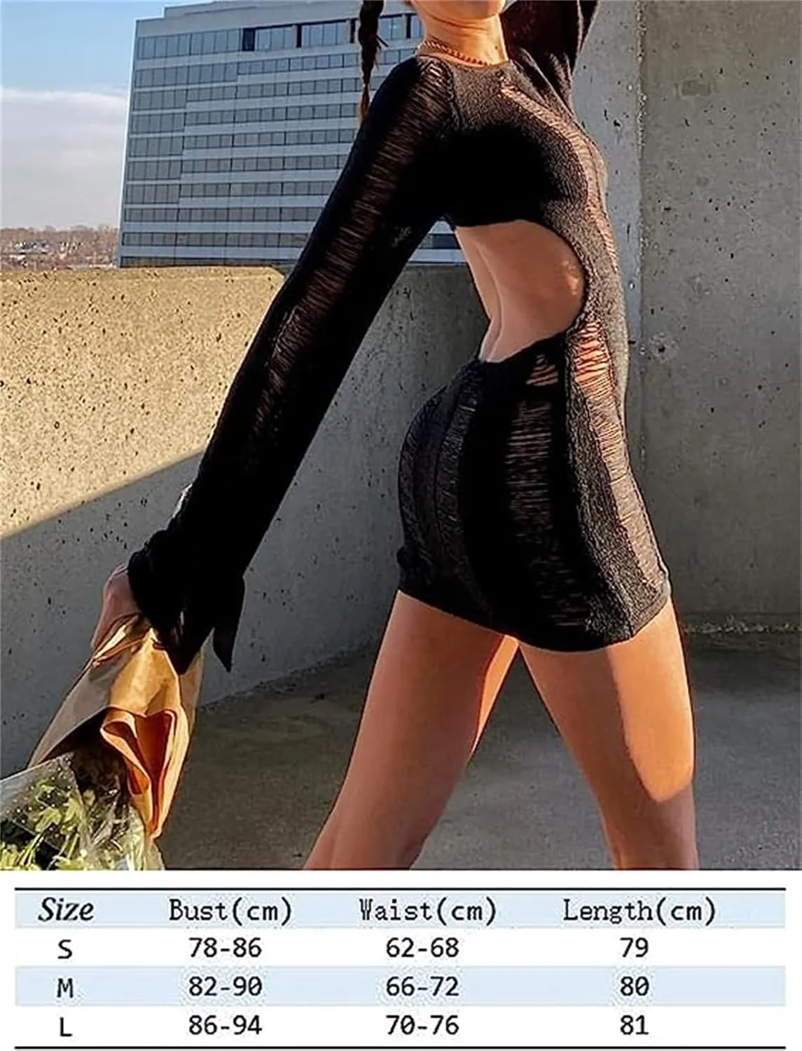 Women Crochet Knitted Dress Ripped Hollow Out Backless Long Sleeve Mini Sweater Dress Cutout Summer Beach Streetwear