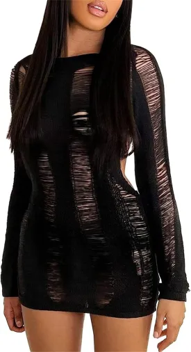 Women Crochet Knitted Dress Ripped Hollow Out Backless Long Sleeve Mini Sweater Dress Cutout Summer Beach Streetwear