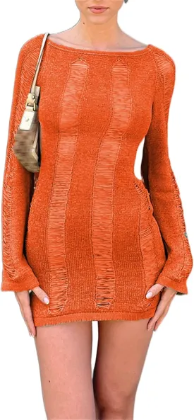 Women Crochet Knitted Dress Ripped Hollow Out Backless Long Sleeve Mini Sweater Dress Cutout Summer Beach Streetwear