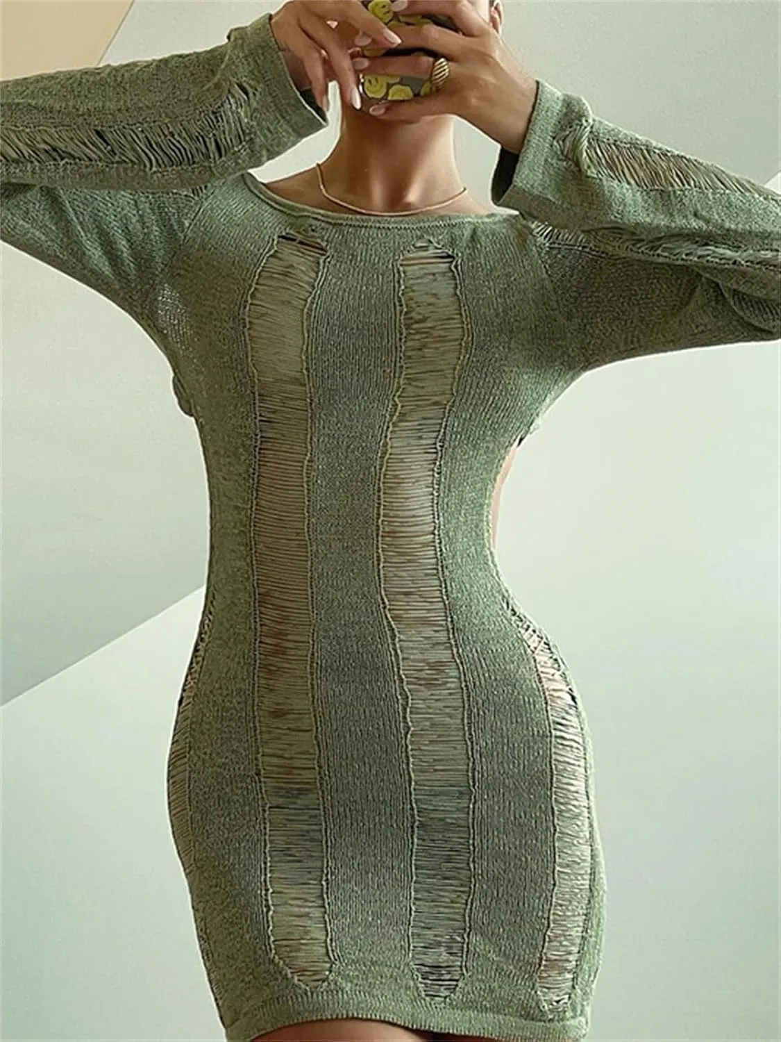 Women Crochet Knitted Dress Ripped Hollow Out Backless Long Sleeve Mini Sweater Dress Cutout Summer Beach Streetwear