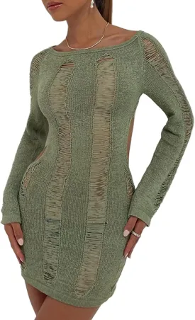 Women Crochet Knitted Dress Ripped Hollow Out Backless Long Sleeve Mini Sweater Dress Cutout Summer Beach Streetwear
