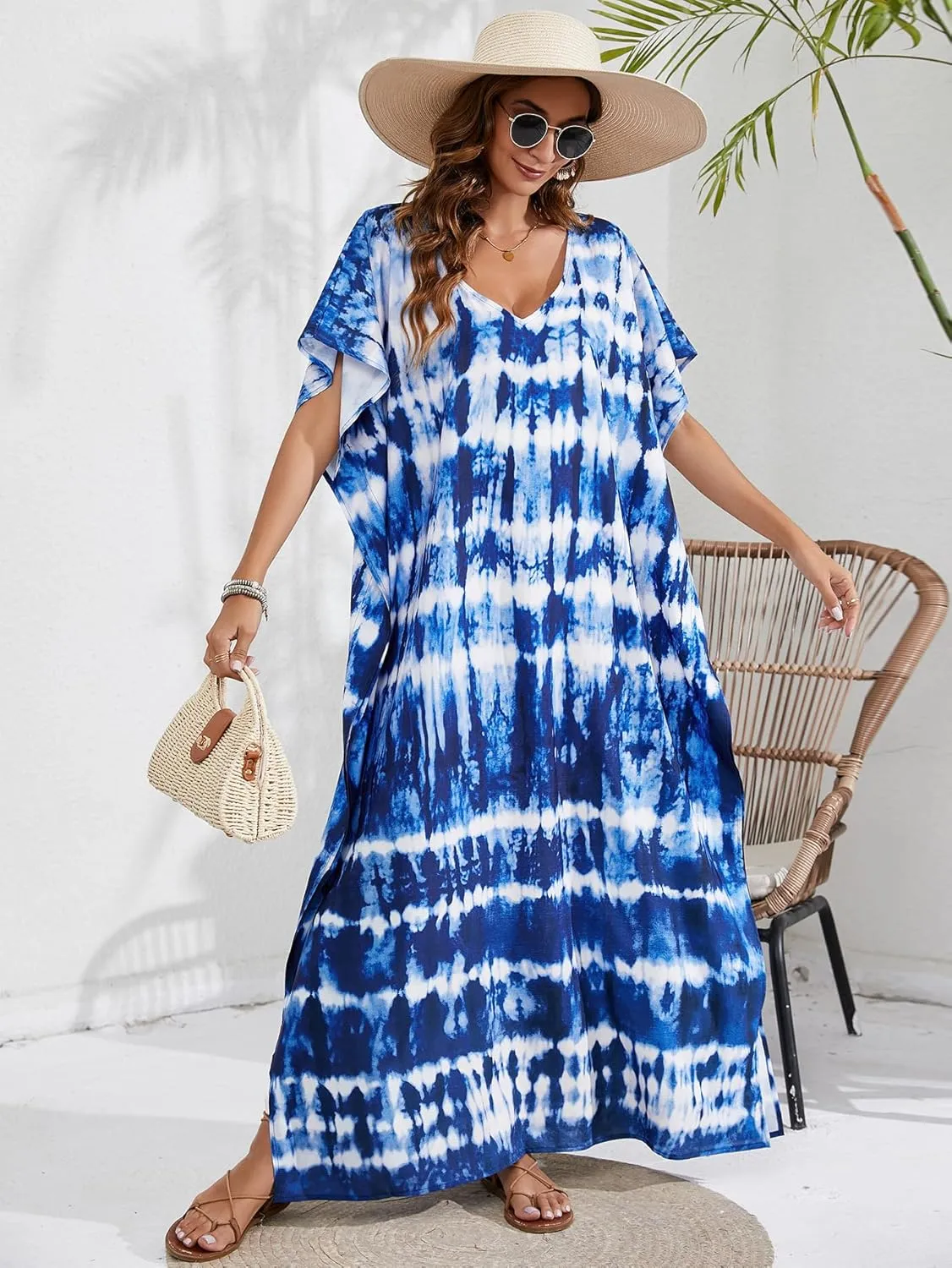 Women Kaftan Dress Coverups Swimwear Plus Size Floral Holiday Casual Dress Loose Fit One Size