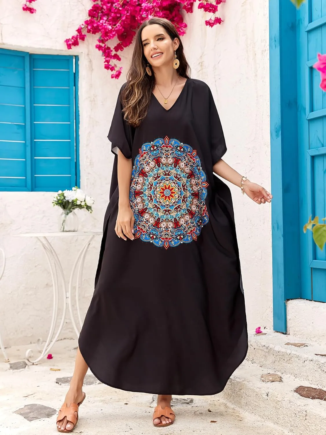 Women Kaftan Dress Coverups Swimwear Plus Size Floral Holiday Casual Dress Loose Fit One Size