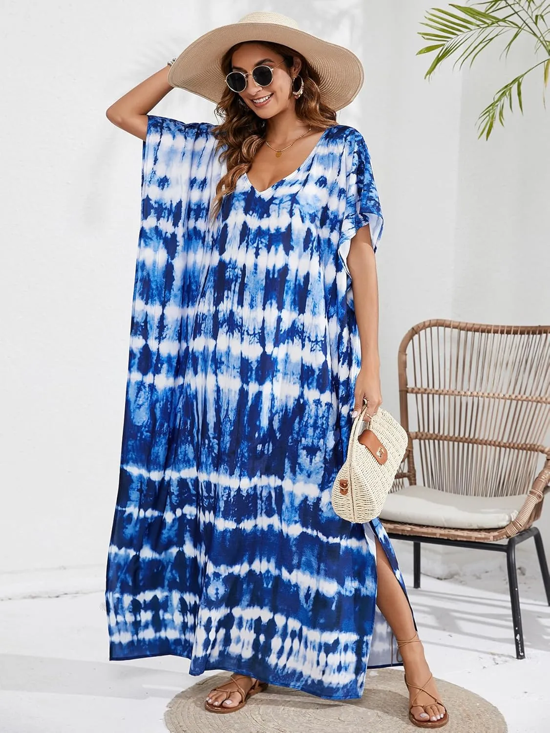 Women Kaftan Dress Coverups Swimwear Plus Size Floral Holiday Casual Dress Loose Fit One Size