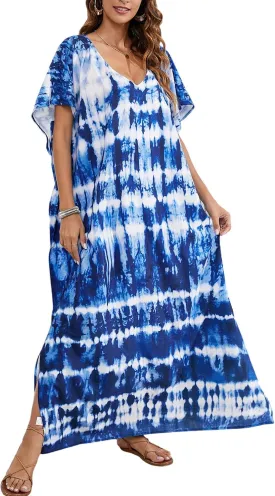Women Kaftan Dress Coverups Swimwear Plus Size Floral Holiday Casual Dress Loose Fit One Size