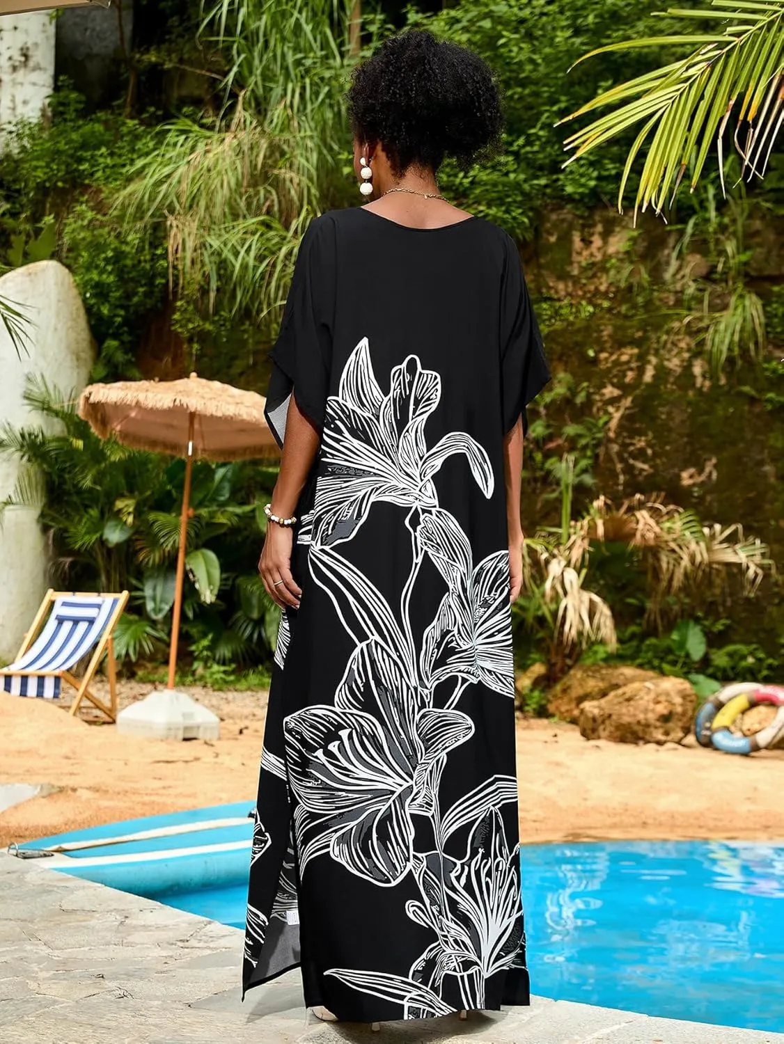 Women Kaftan Dress Coverups Swimwear Plus Size Floral Holiday Casual Dress Loose Fit One Size