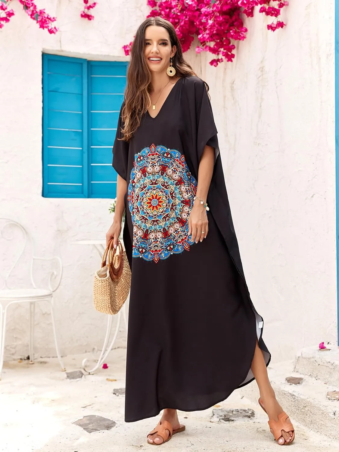 Women Kaftan Dress Coverups Swimwear Plus Size Floral Holiday Casual Dress Loose Fit One Size