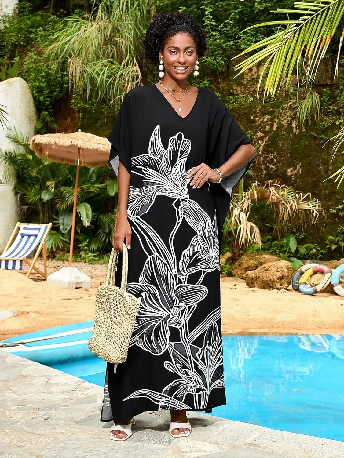 Women Kaftan Dress Coverups Swimwear Plus Size Floral Holiday Casual Dress Loose Fit One Size