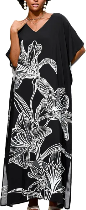 Women Kaftan Dress Coverups Swimwear Plus Size Floral Holiday Casual Dress Loose Fit One Size