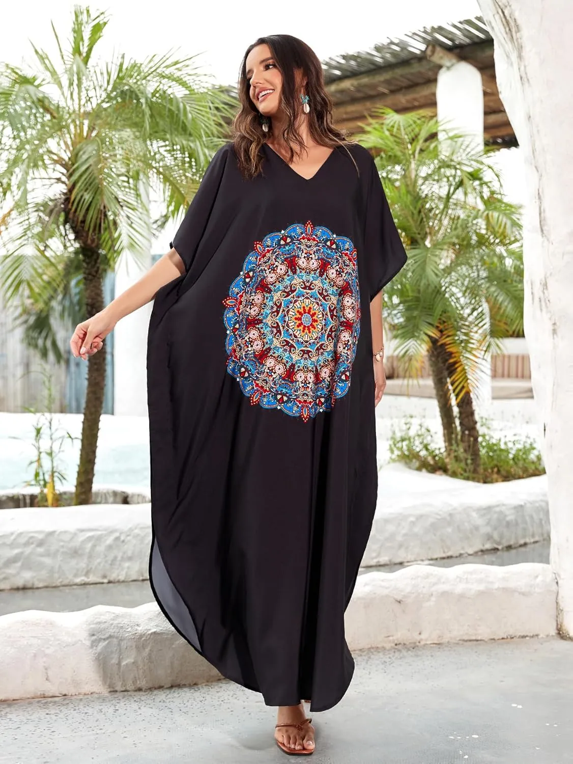 Women Kaftan Dress Coverups Swimwear Plus Size Floral Holiday Casual Dress Loose Fit One Size