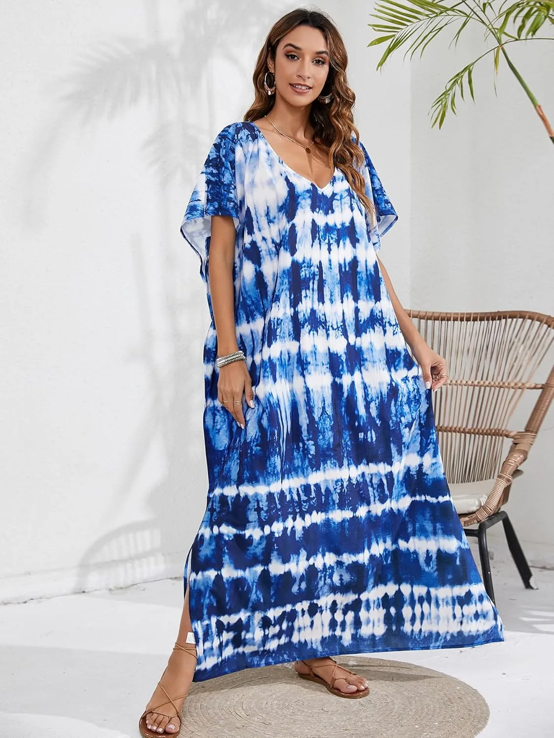 Women Kaftan Dress Coverups Swimwear Plus Size Floral Holiday Casual Dress Loose Fit One Size