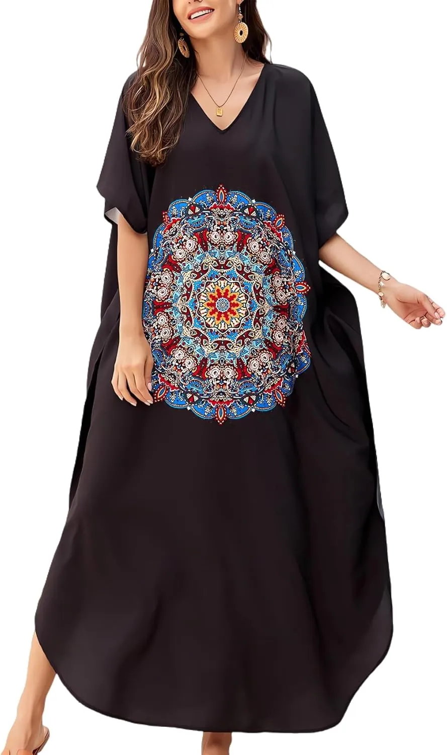 Women Kaftan Dress Coverups Swimwear Plus Size Floral Holiday Casual Dress Loose Fit One Size