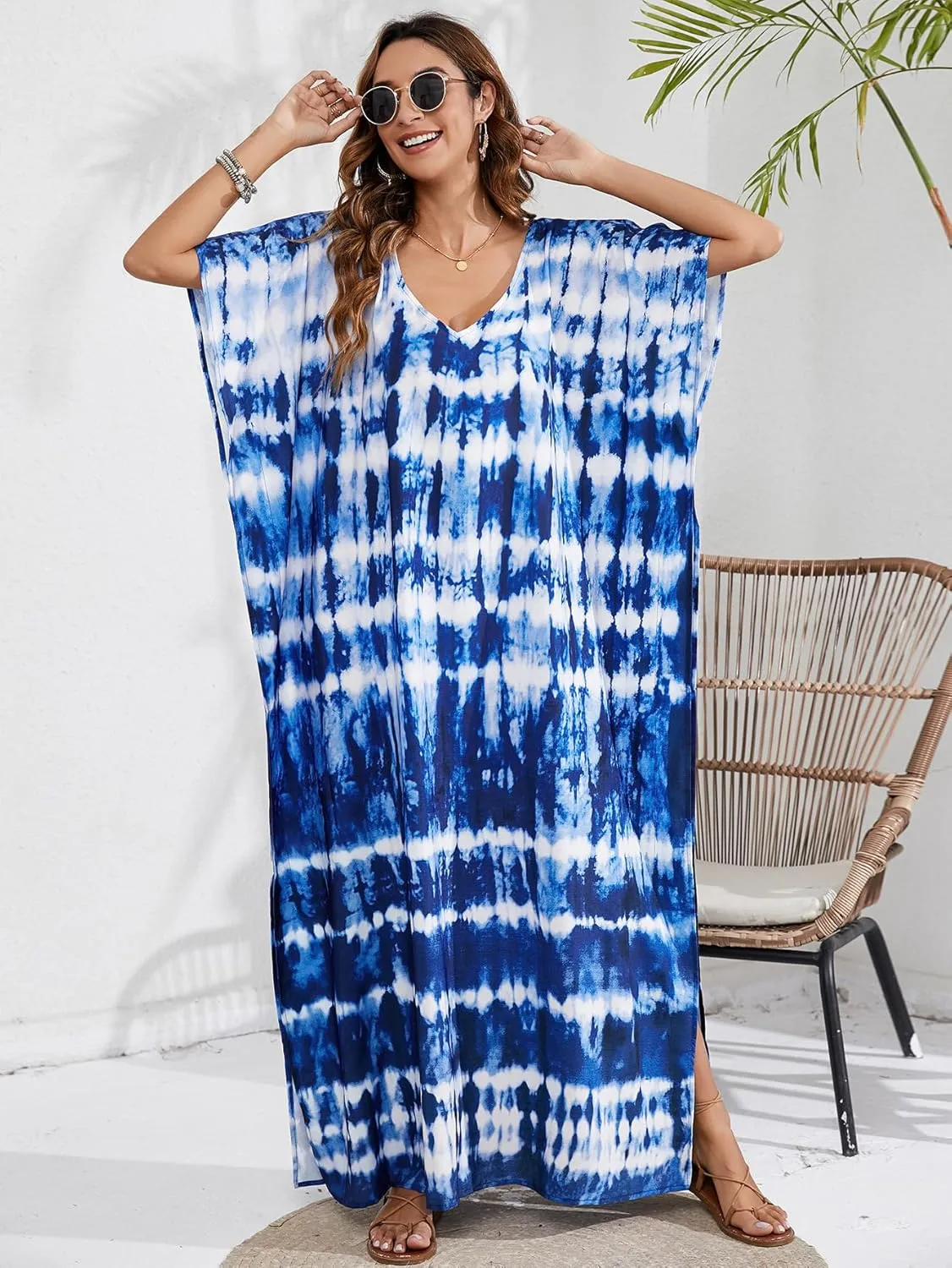 Women Kaftan Dress Coverups Swimwear Plus Size Floral Holiday Casual Dress Loose Fit One Size