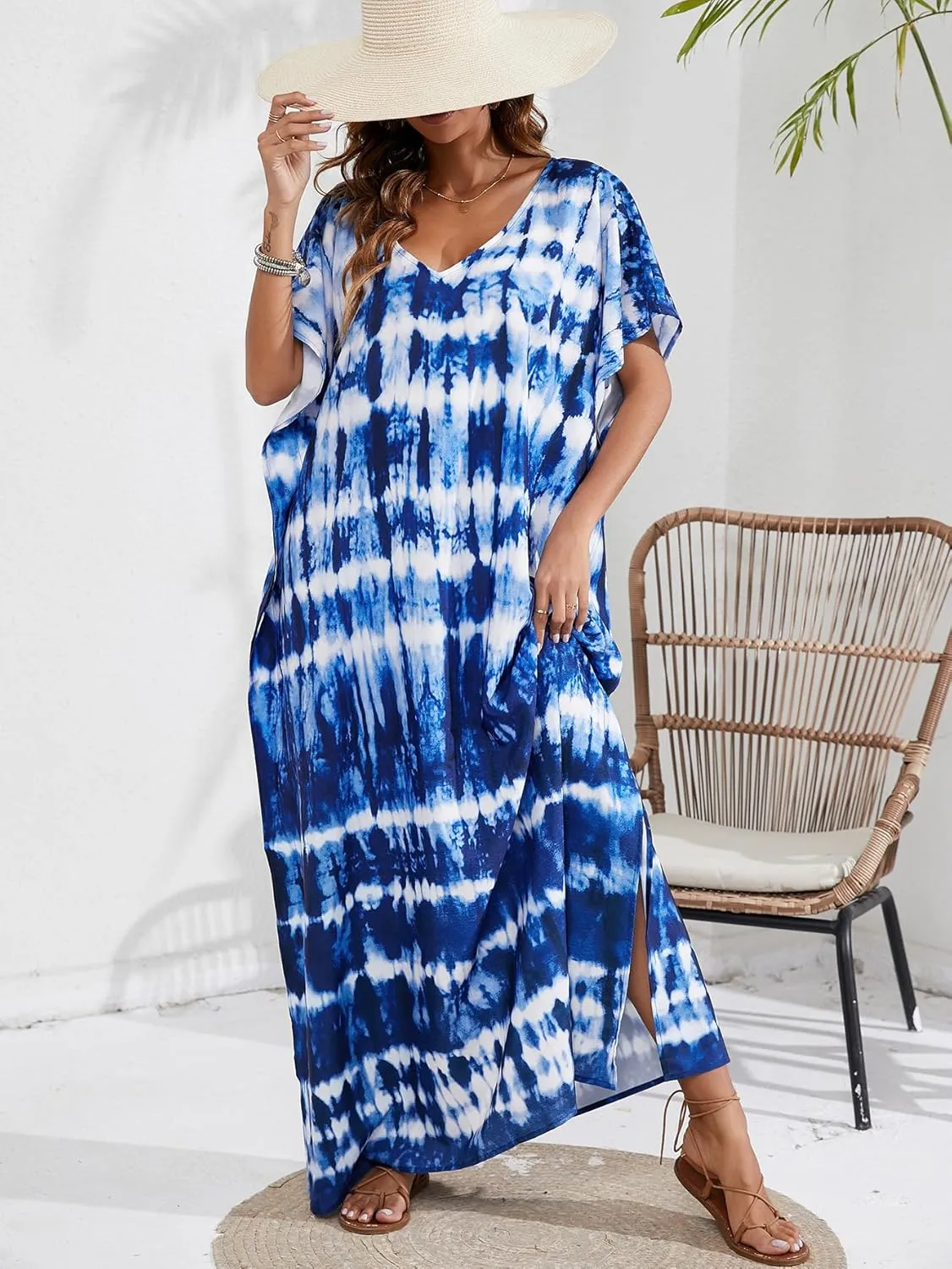 Women Kaftan Dress Coverups Swimwear Plus Size Floral Holiday Casual Dress Loose Fit One Size