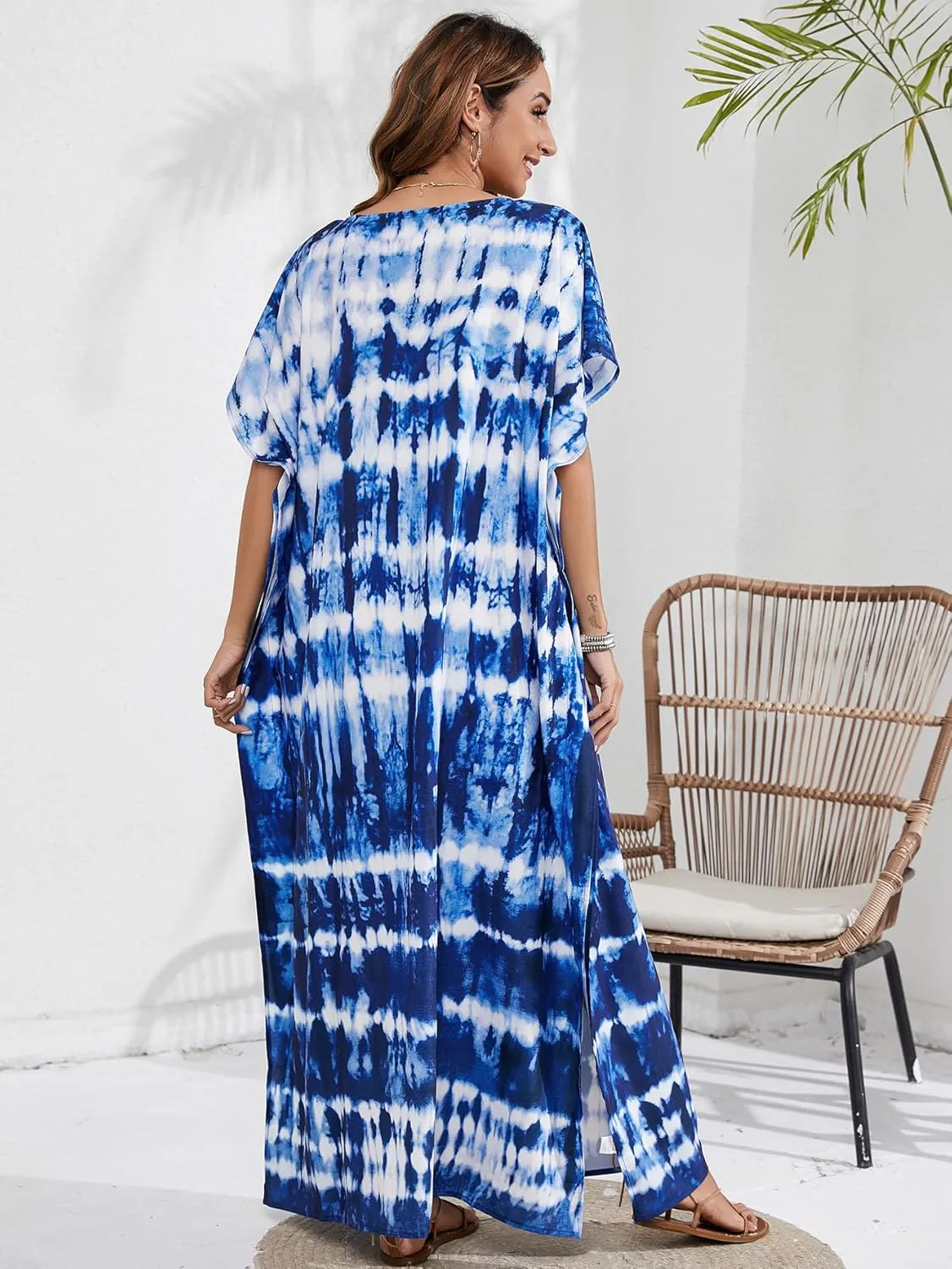 Women Kaftan Dress Coverups Swimwear Plus Size Floral Holiday Casual Dress Loose Fit One Size