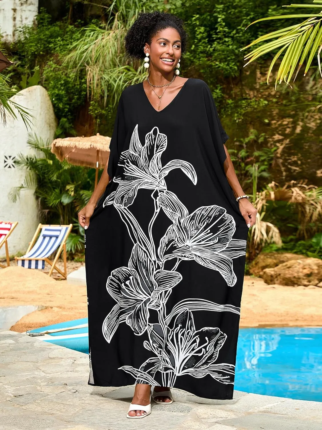 Women Kaftan Dress Coverups Swimwear Plus Size Floral Holiday Casual Dress Loose Fit One Size