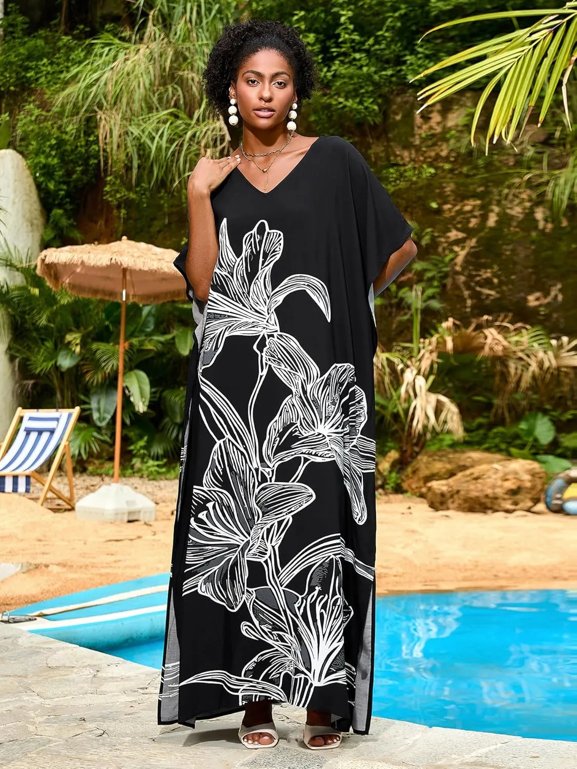 Women Kaftan Dress Coverups Swimwear Plus Size Floral Holiday Casual Dress Loose Fit One Size