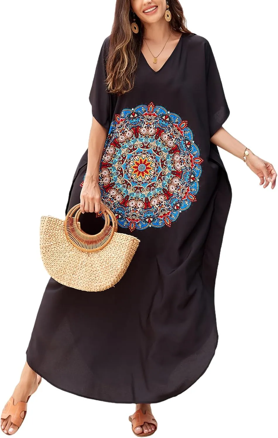 Women Kaftan Dress Coverups Swimwear Plus Size Floral Holiday Casual Dress Loose Fit One Size