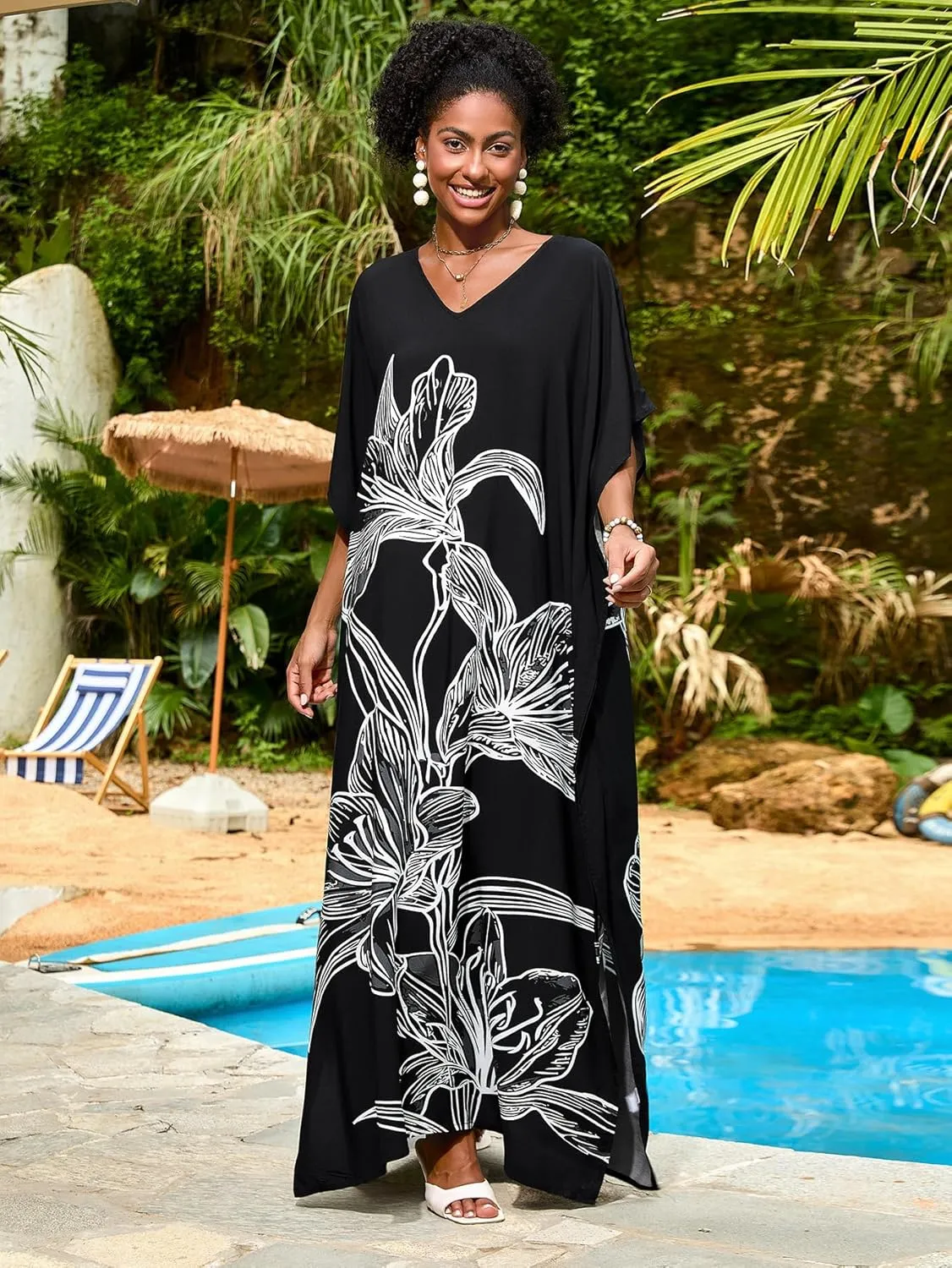 Women Kaftan Dress Coverups Swimwear Plus Size Floral Holiday Casual Dress Loose Fit One Size