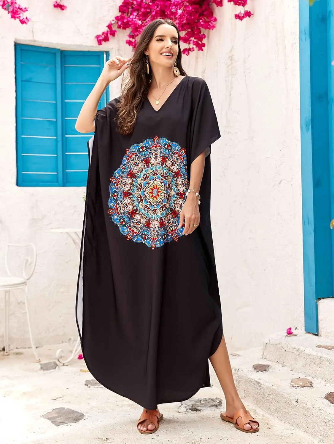 Women Kaftan Dress Coverups Swimwear Plus Size Floral Holiday Casual Dress Loose Fit One Size
