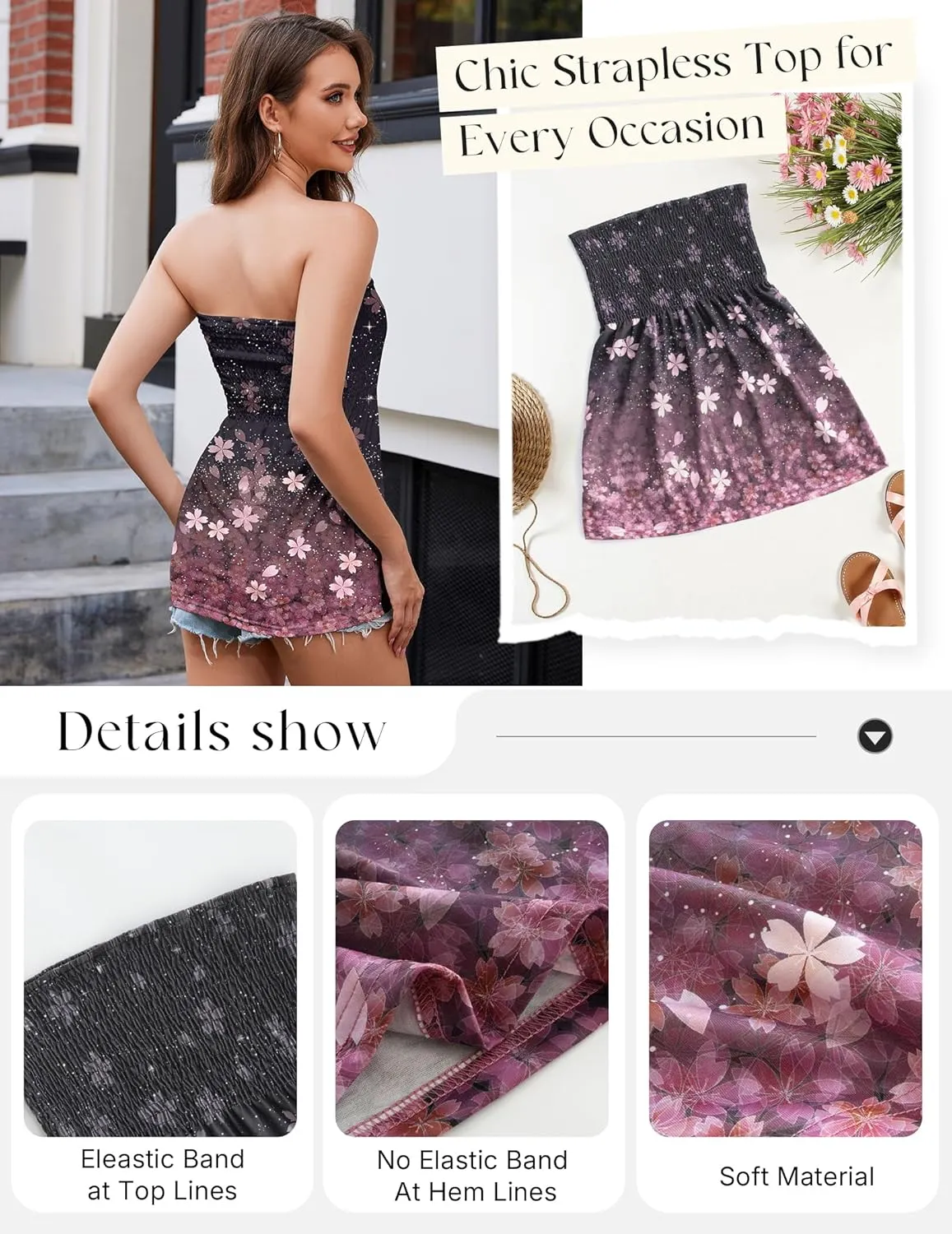 Women Pleated Ruffled Backless Tube Tops Sleeveless Smocked Bandeau Tank Summer Floral Print Strapless Shirts