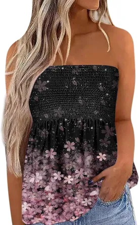 Women Pleated Ruffled Backless Tube Tops Sleeveless Smocked Bandeau Tank Summer Floral Print Strapless Shirts