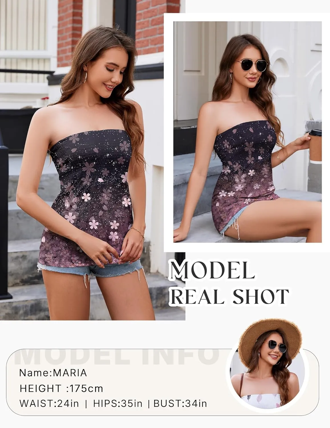 Women Pleated Ruffled Backless Tube Tops Sleeveless Smocked Bandeau Tank Summer Floral Print Strapless Shirts