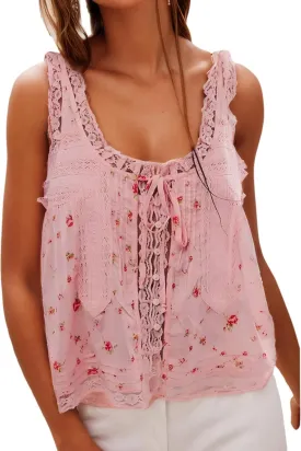 Women Sleeveless Lace Trim Tank Tops Beach Vacation Essentials Button Down Front Tie Mesh Chiffon Crop Tops