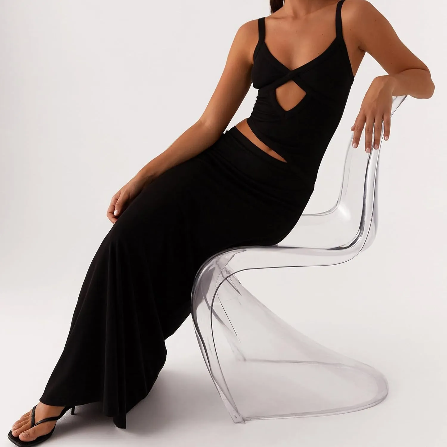 Women Spaghetti Strap Cut Out Maxi Dress Elegant Formal Cocktail Dresses Backless V-Neck Bodycon Long Slip Dress 2025