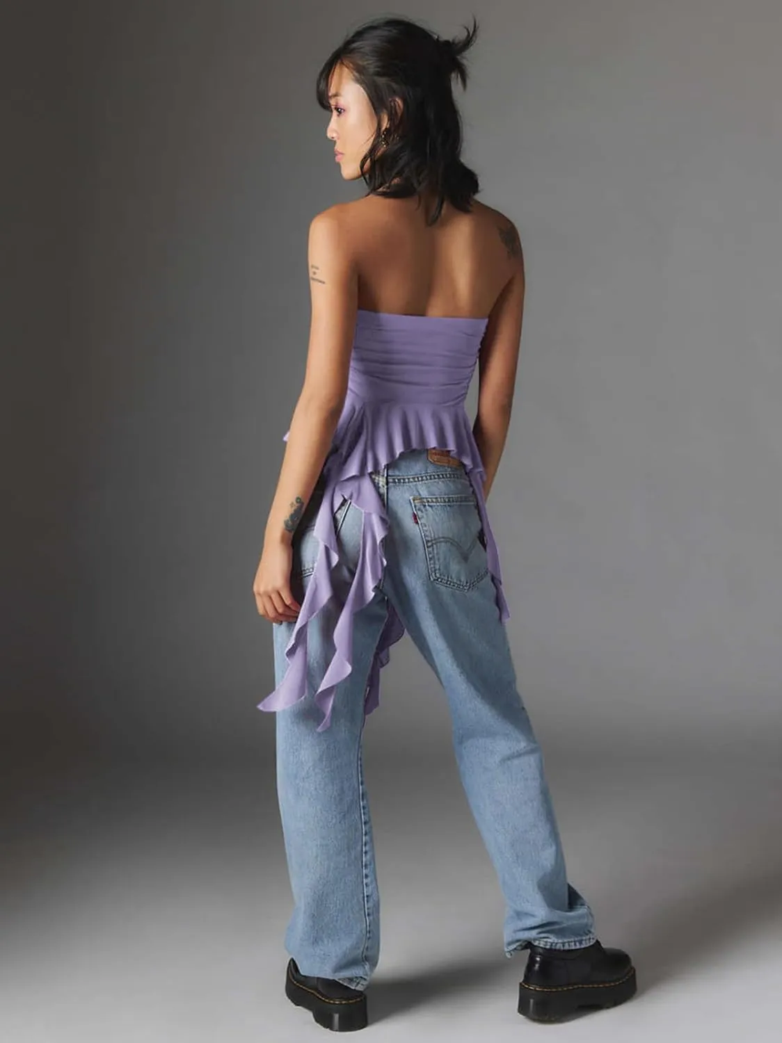 Women Strapless Tops Ruffled Asymmetrical Hem Tube Tops Ruched Bandeau Cami Tanks
