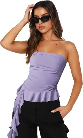 Women Strapless Tops Ruffled Asymmetrical Hem Tube Tops Ruched Bandeau Cami Tanks