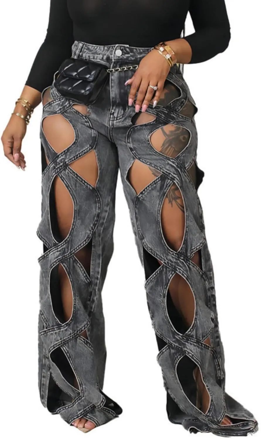 Womens Casual Straight Leg High Rise Cutout Metal Buttoned Jeans Denim Pants Streetwear