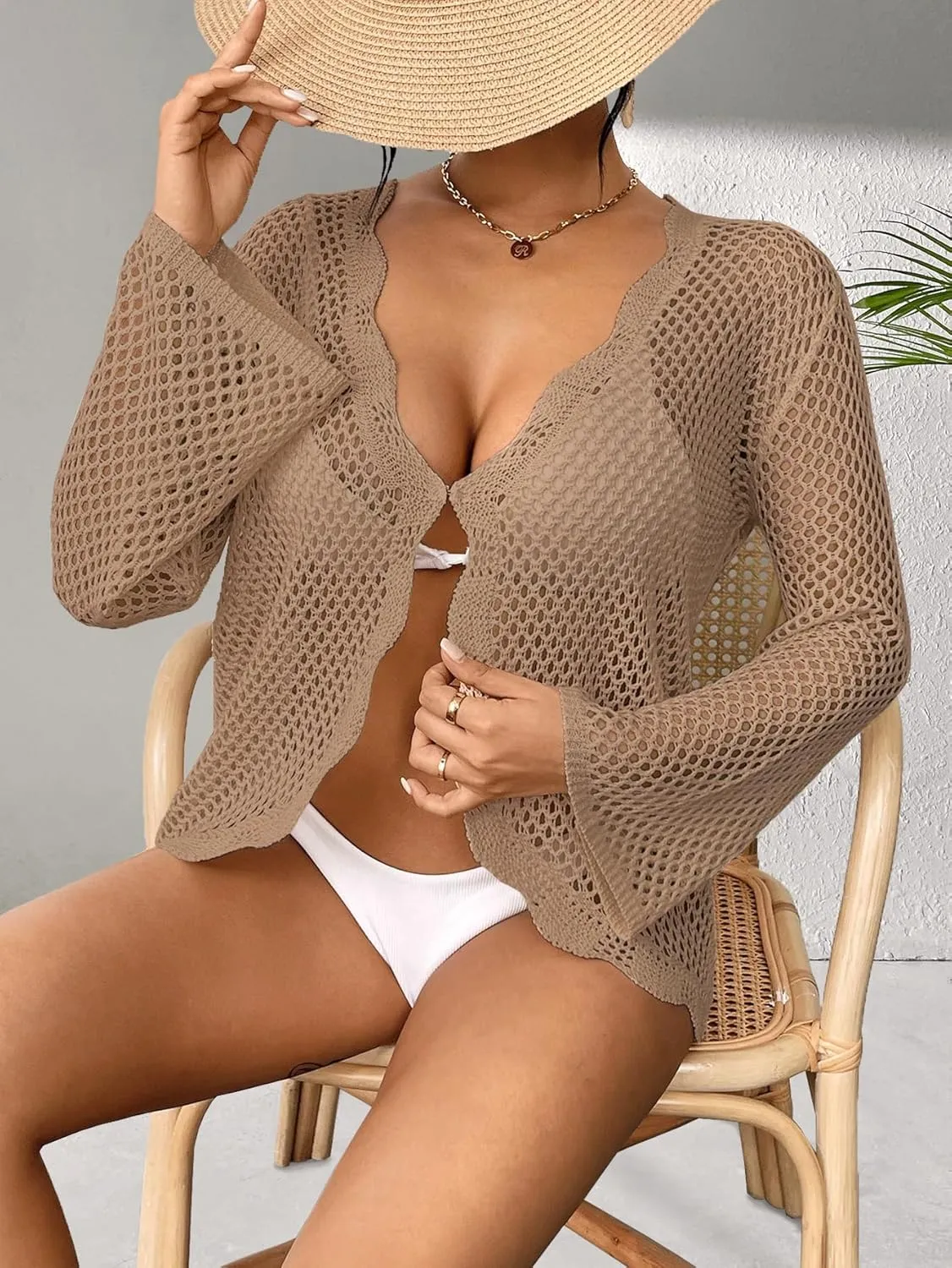 Womens Crochet Knit Loose Fit Beach Coverup Summer 2025 Open Front Ruffle Bathing Suit Cover Up Cropped Cardigans
