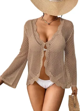 Womens Crochet Knit Loose Fit Beach Coverup Summer 2025 Open Front Ruffle Bathing Suit Cover Up Cropped Cardigans
